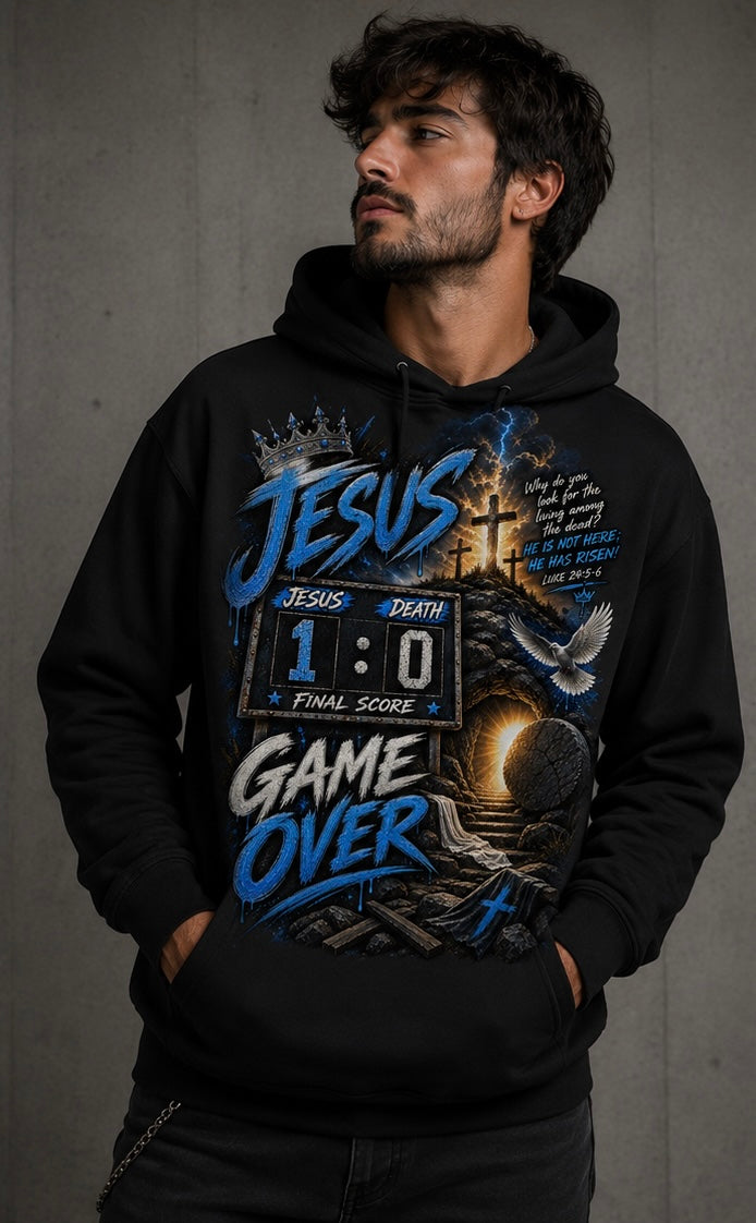 Jesus 1, Death 0 game over blue Christian hoodie