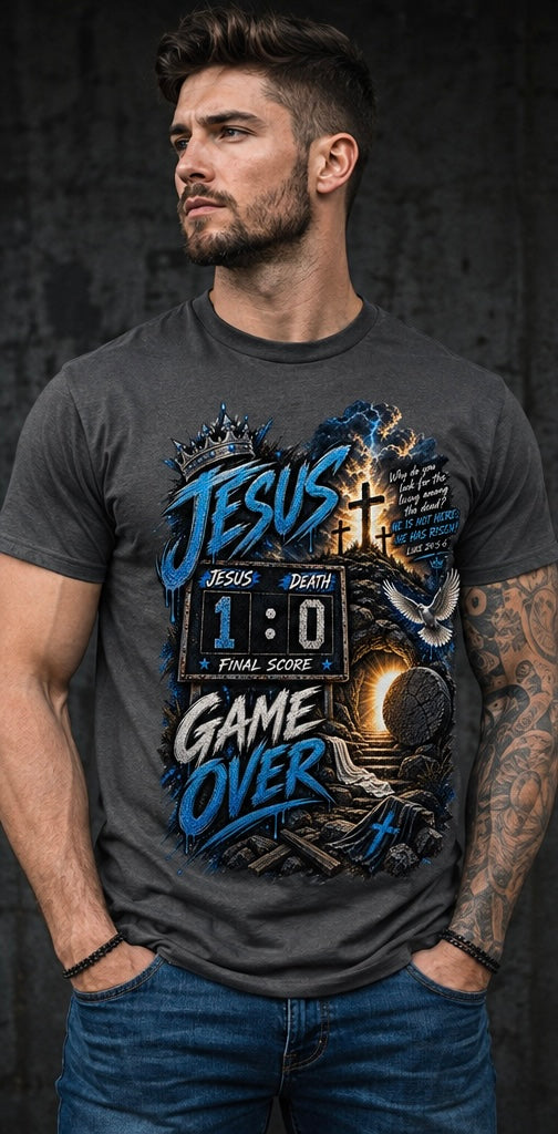 Jesus 1, Death 0 Game over blue Christian tee