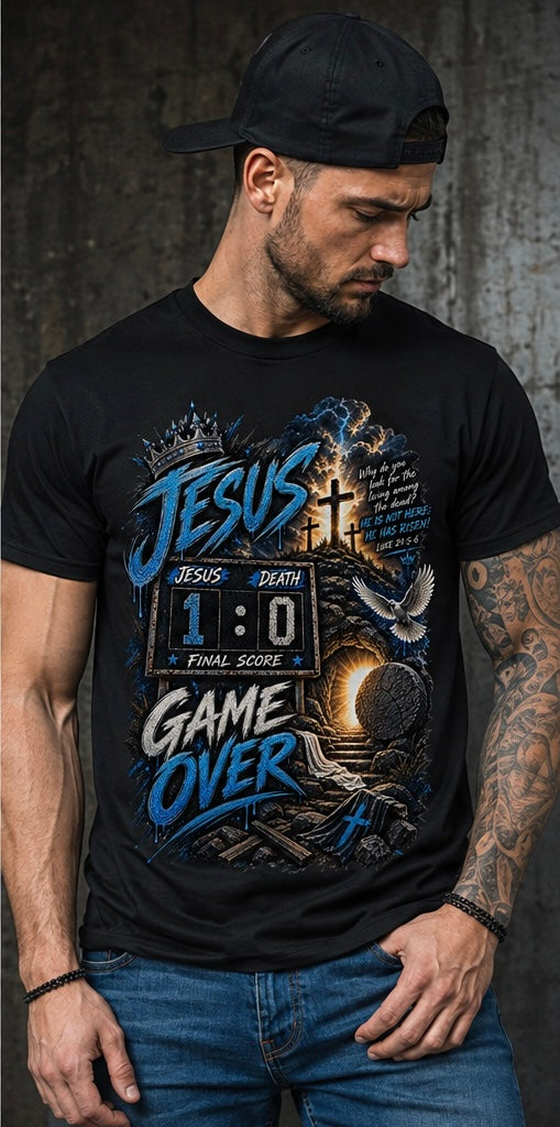Jesus 1, Death 0 Game over blue Christian tee
