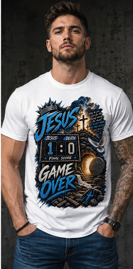 Jesus 1, Death 0 Game over blue Christian tee