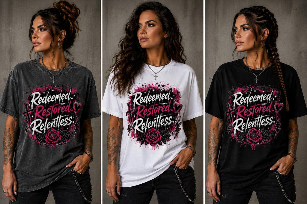 Redeemed. Restored. Relentless. Christian Graphic T-Shirt