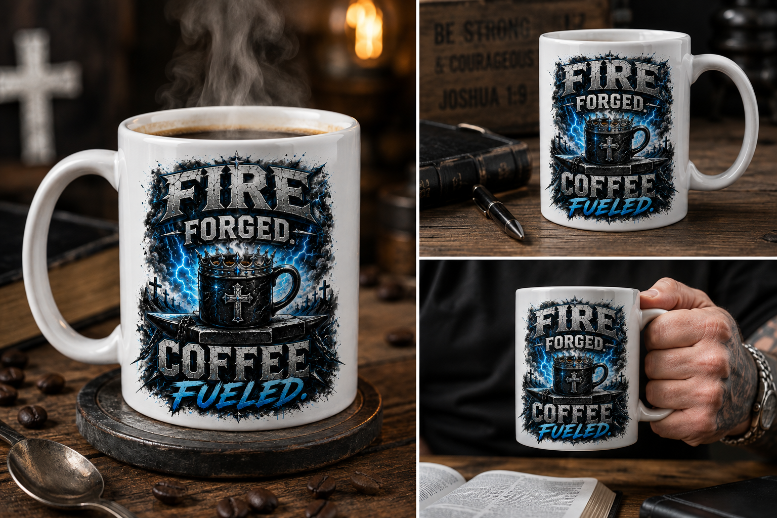 Fire Forged. Coffee Fueled blue Christian mug
