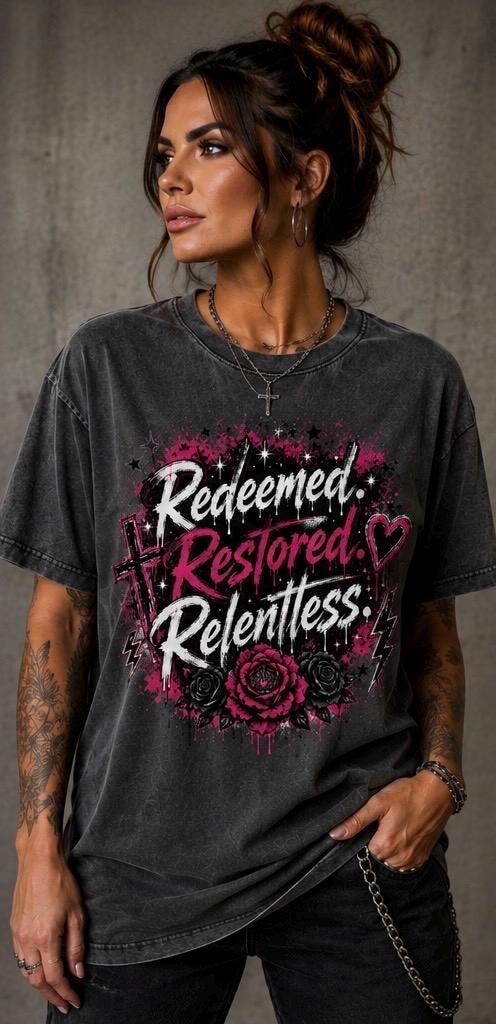 Redeemed. Restored. Relentless. Christian Graphic T-Shirt