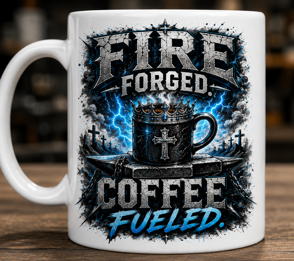 Fire Forged. Coffee Fueled blue Christian mug