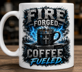 Fire Forged. Coffee Fueled blue Christian mug