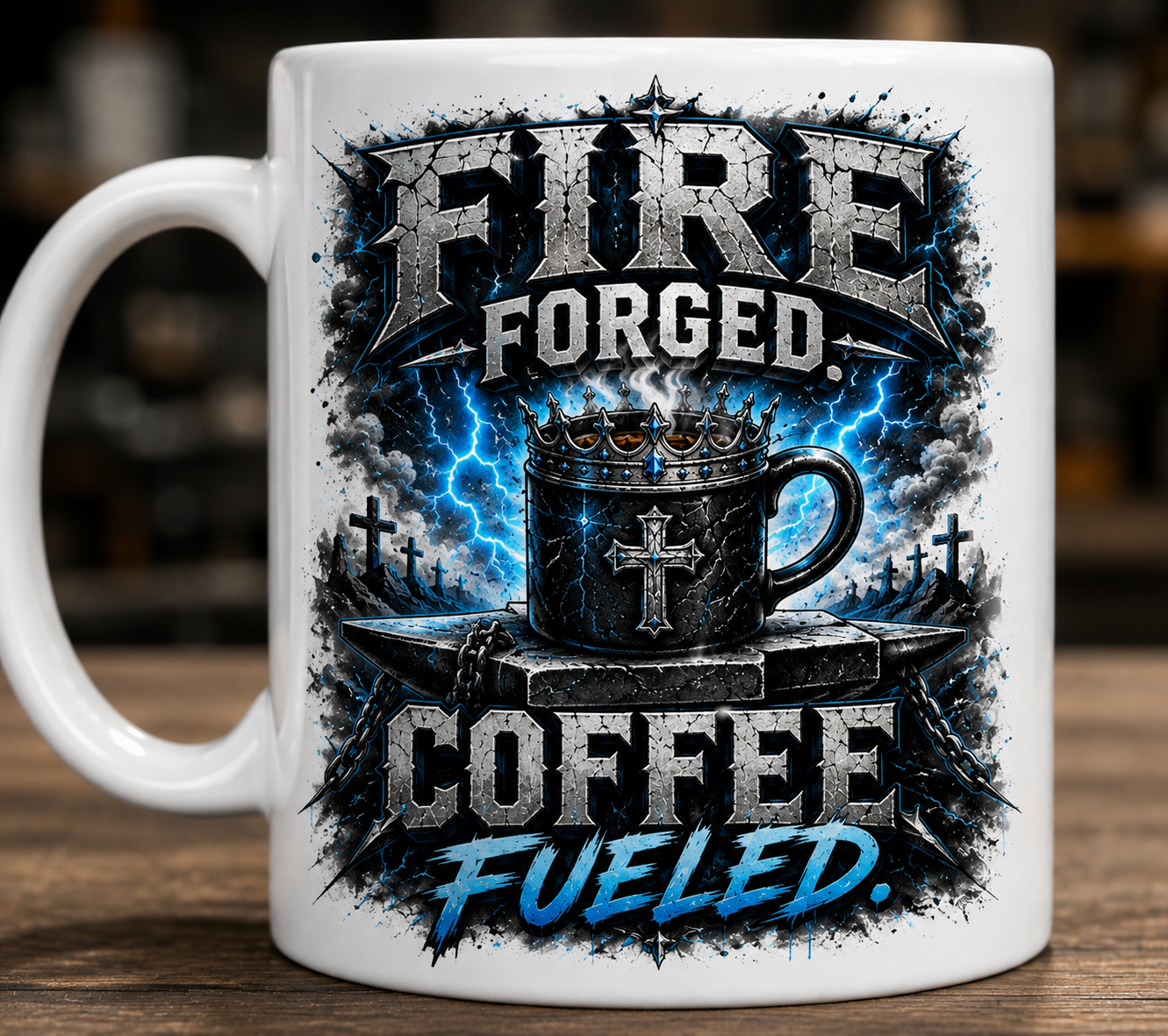 Fire Forged. Coffee Fueled blue Christian mug