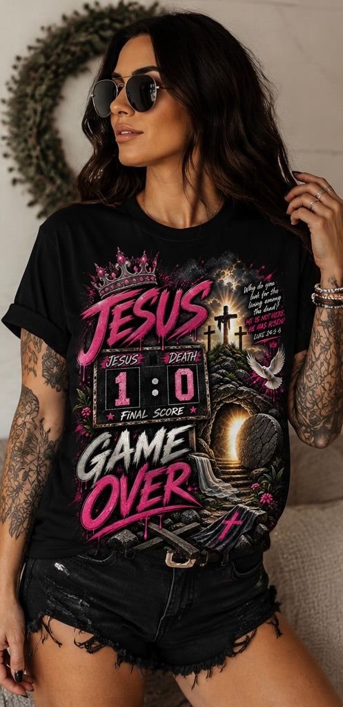 Jesus 1, Death 0 - Game over pink Christian tee