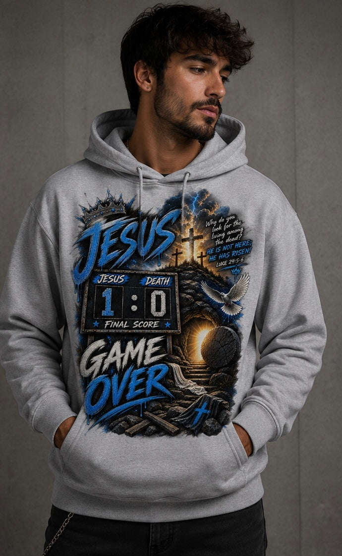 Jesus 1, Death 0 game over blue Christian hoodie