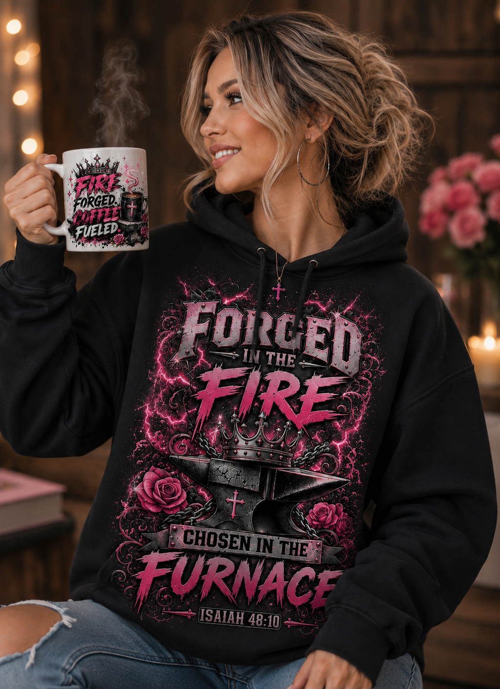 Fire Forged. Coffee Fueled pink Christian mug
