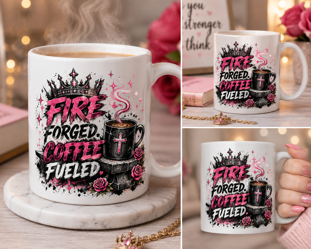 Fire Forged. Coffee Fueled pink Christian mug