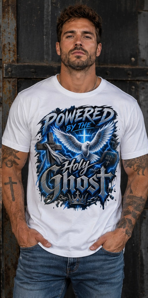 Powered by the Holy Ghost blue Christian tee