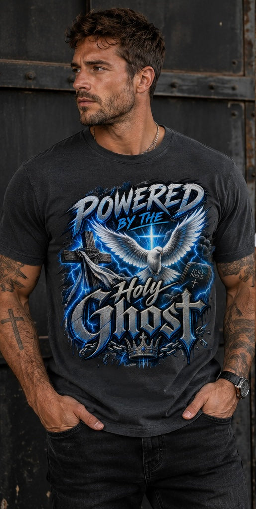 Powered by the Holy Ghost blue Christian tee