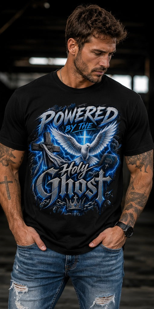 Powered by the Holy Ghost blue Christian tee