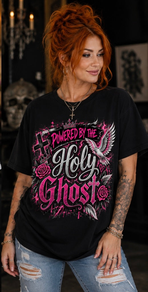 Powered by the Holy Ghost pink Christian tee