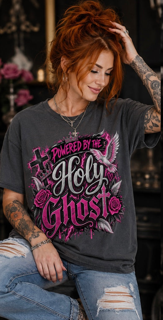 Powered by the Holy Ghost pink Christian tee
