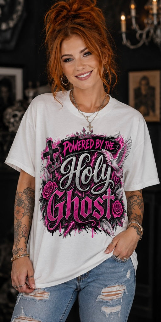 Powered by the Holy Ghost pink Christian tee