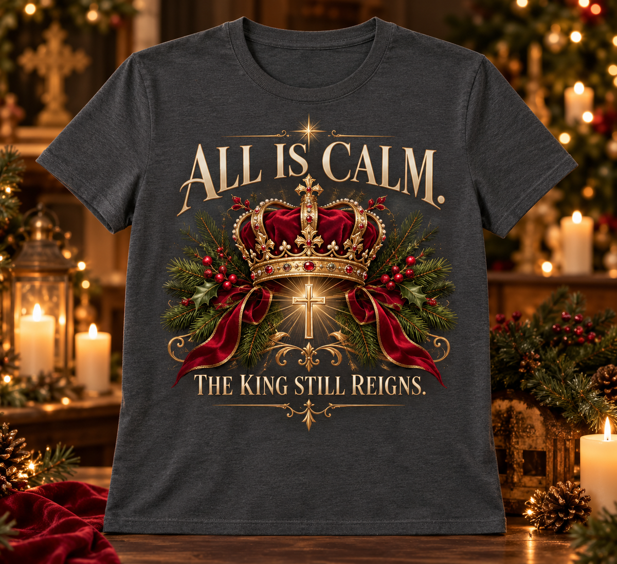 All Is Calm. The King Still Reigns. | Christian Christmas T-Shirt