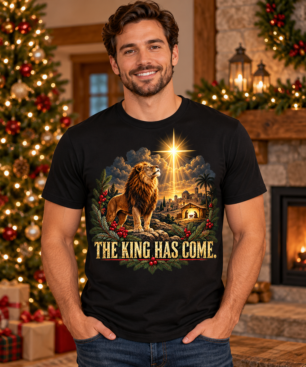The King Has Come Lion Christmas T-Shirt | Christian Men’s Holiday Tee