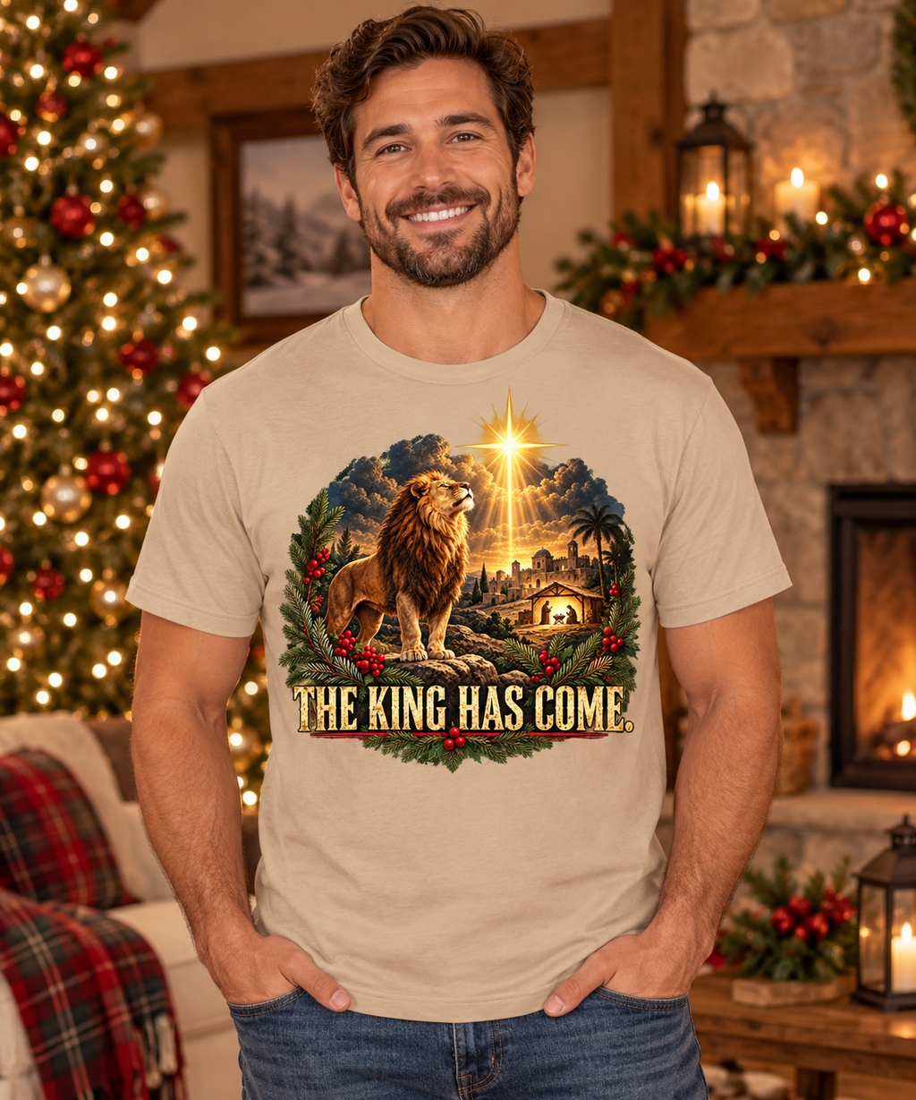 The King Has Come Lion Christmas T-Shirt | Christian Men’s Holiday Tee
