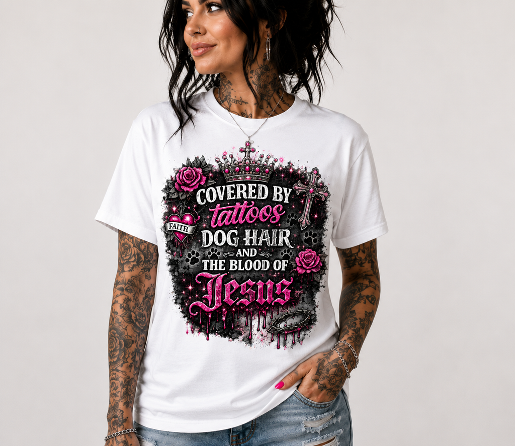 Covered by tattoos, dog hair, and the blood of Jesus T-shirt
