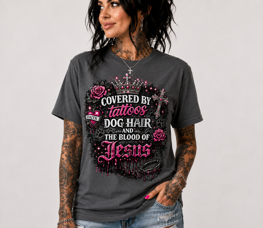 Covered by tattoos, dog hair, and the blood of Jesus T-shirt