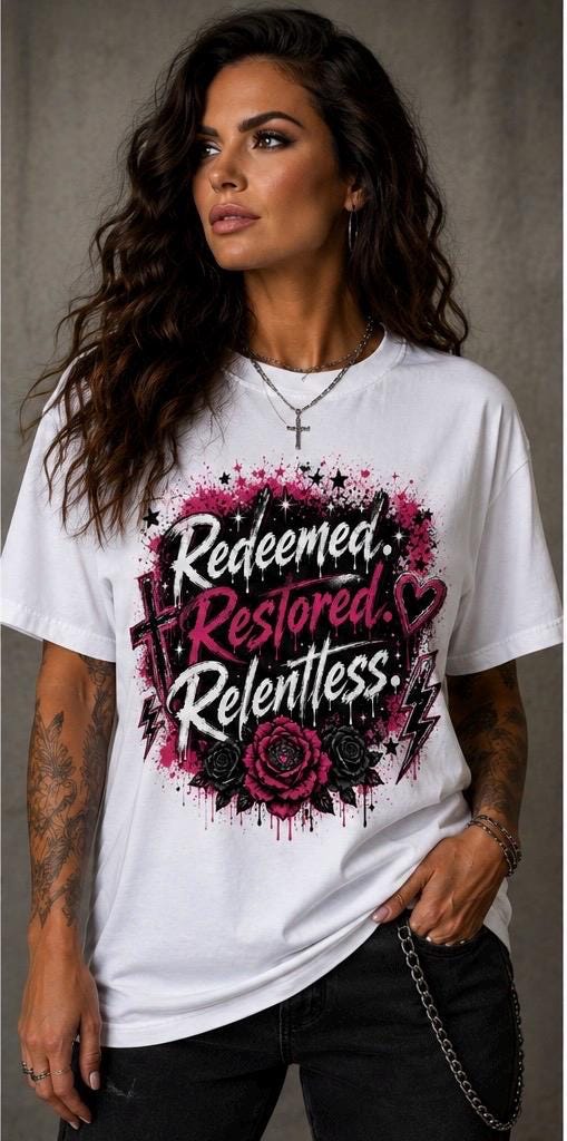 Redeemed. Restored. Relentless. Christian Graphic T-Shirt
